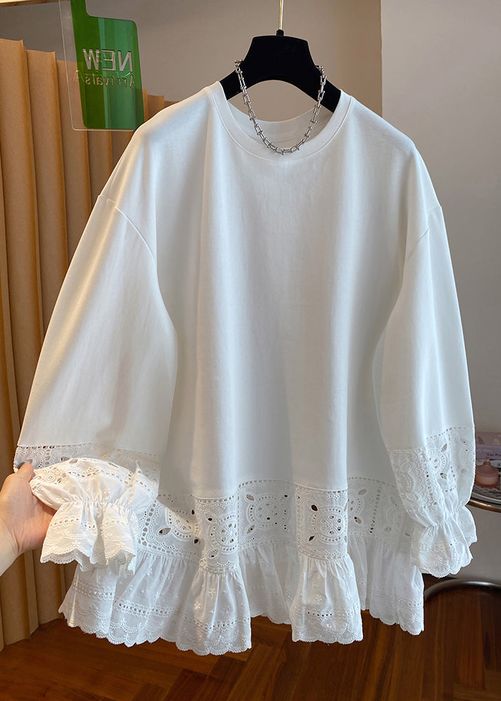 Simple White O Neck Hollow Out Lace Patchwork Cotton Top Spring YF003