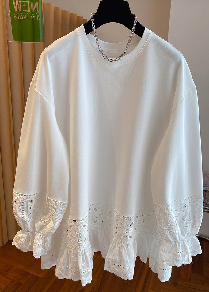 Simple White O Neck Hollow Out Lace Patchwork Cotton Top Spring YF003