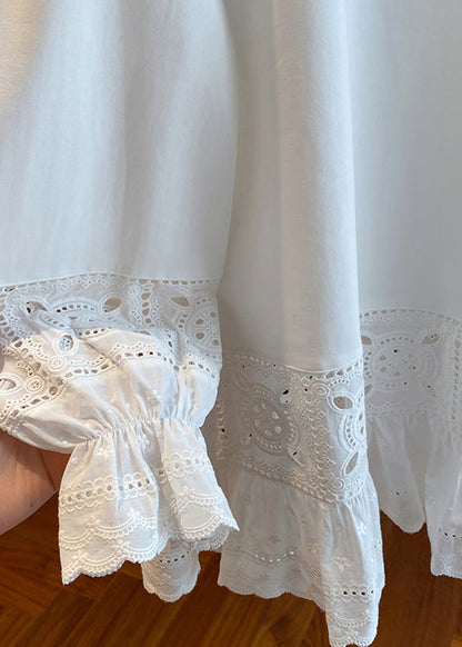 Simple White O Neck Hollow Out Lace Patchwork Cotton Top Spring YF003