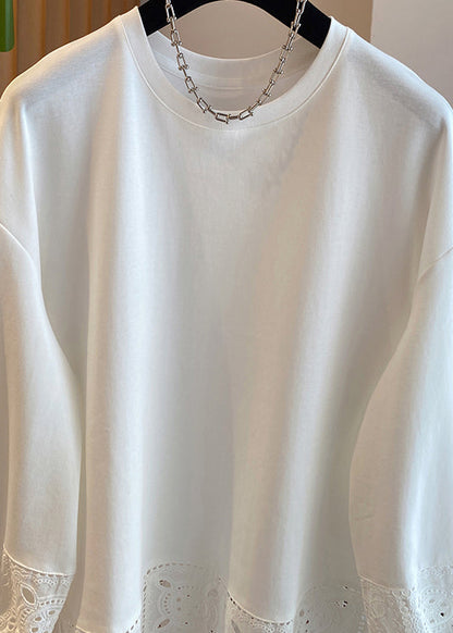 Simple White O Neck Hollow Out Lace Patchwork Cotton Top Spring YF003