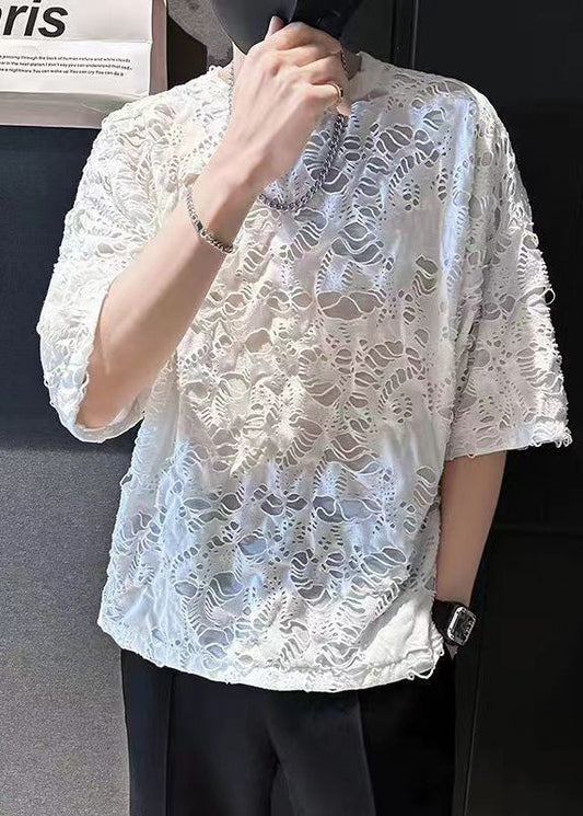 T Cotton Shirt Ripped Men Simple Summer Oversized White