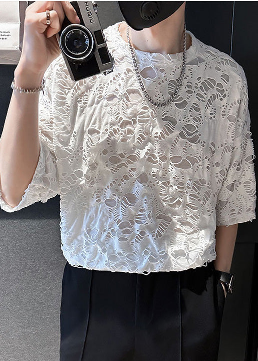 T Cotton Shirt Ripped Men Simple Summer Oversized White