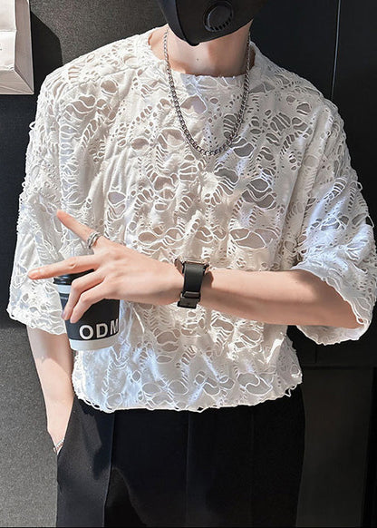 T Cotton Shirt Ripped Men Simple Summer Oversized White