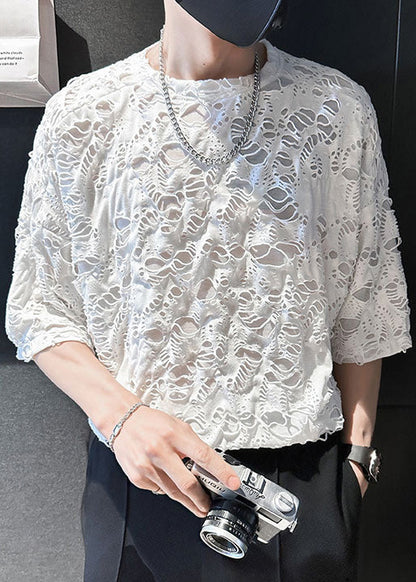 T Cotton Shirt Ripped Men Simple Summer Oversized White