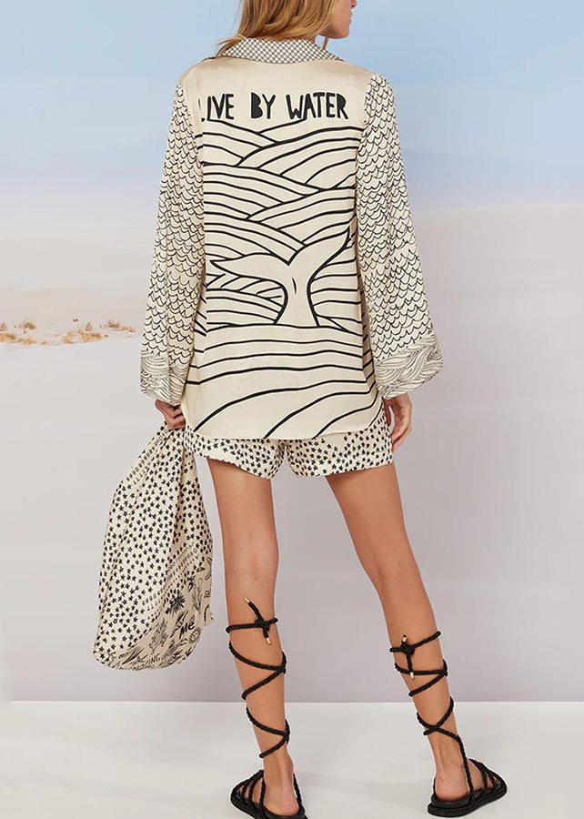 White Silk Two Oversized Set Summer Ice Print Simple Pieces