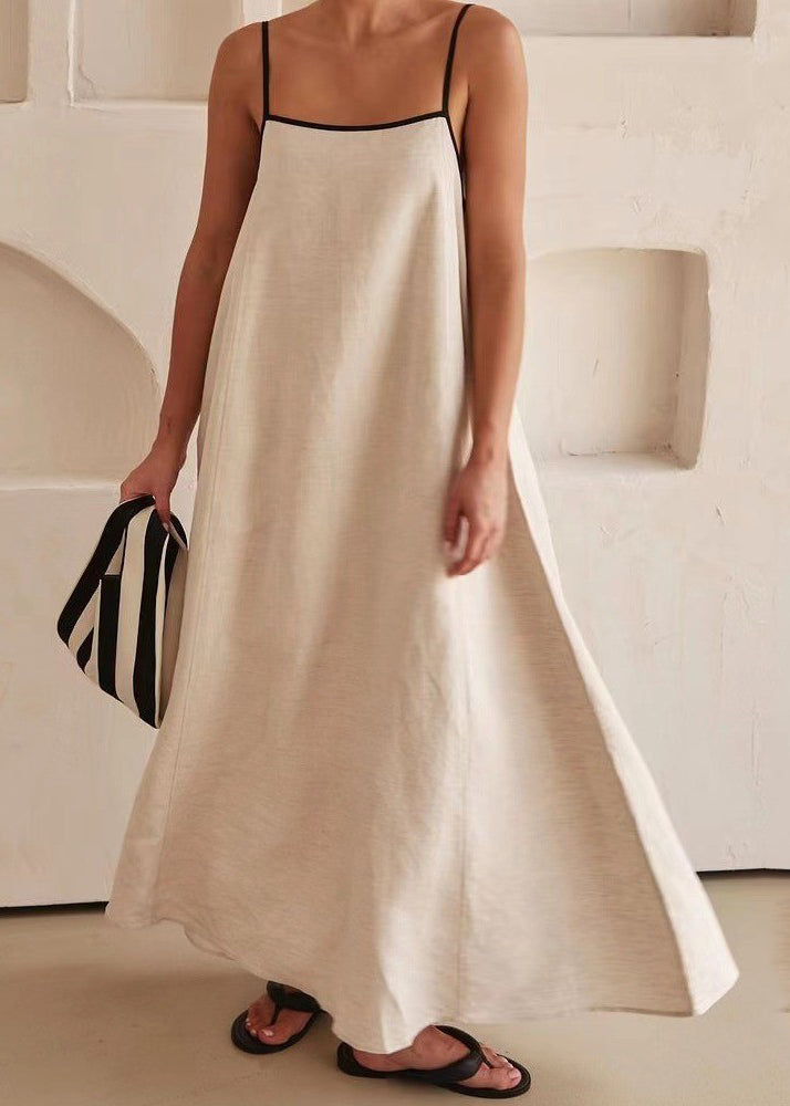Long Simple Sleeveless White Strap Patchwork Spaghetti Dress