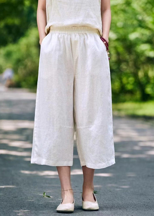 White Waist Crop Summer Linen Pants Simple Pockets Elastic