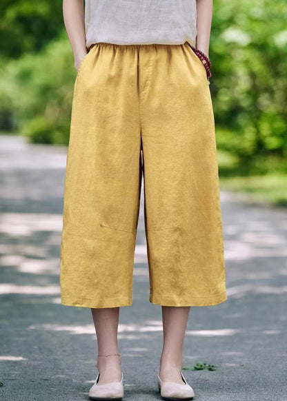 White Waist Crop Summer Linen Pants Simple Pockets Elastic