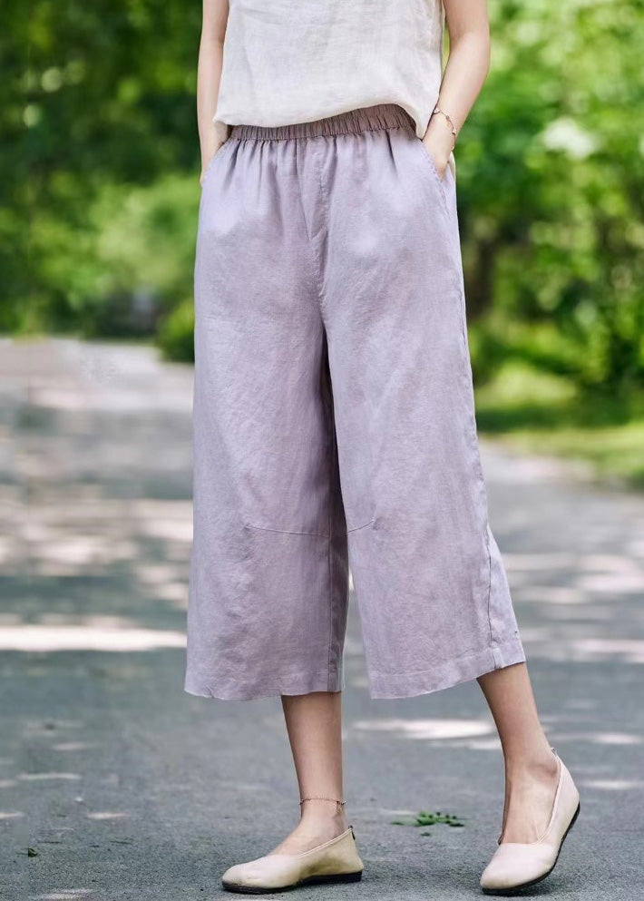 White Waist Crop Summer Linen Pants Simple Pockets Elastic