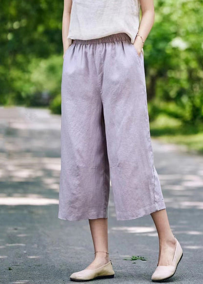 White Waist Crop Summer Linen Pants Simple Pockets Elastic