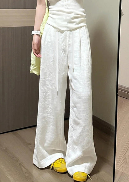 White Pockets Elastic Waist Pants Simple Fall Linen