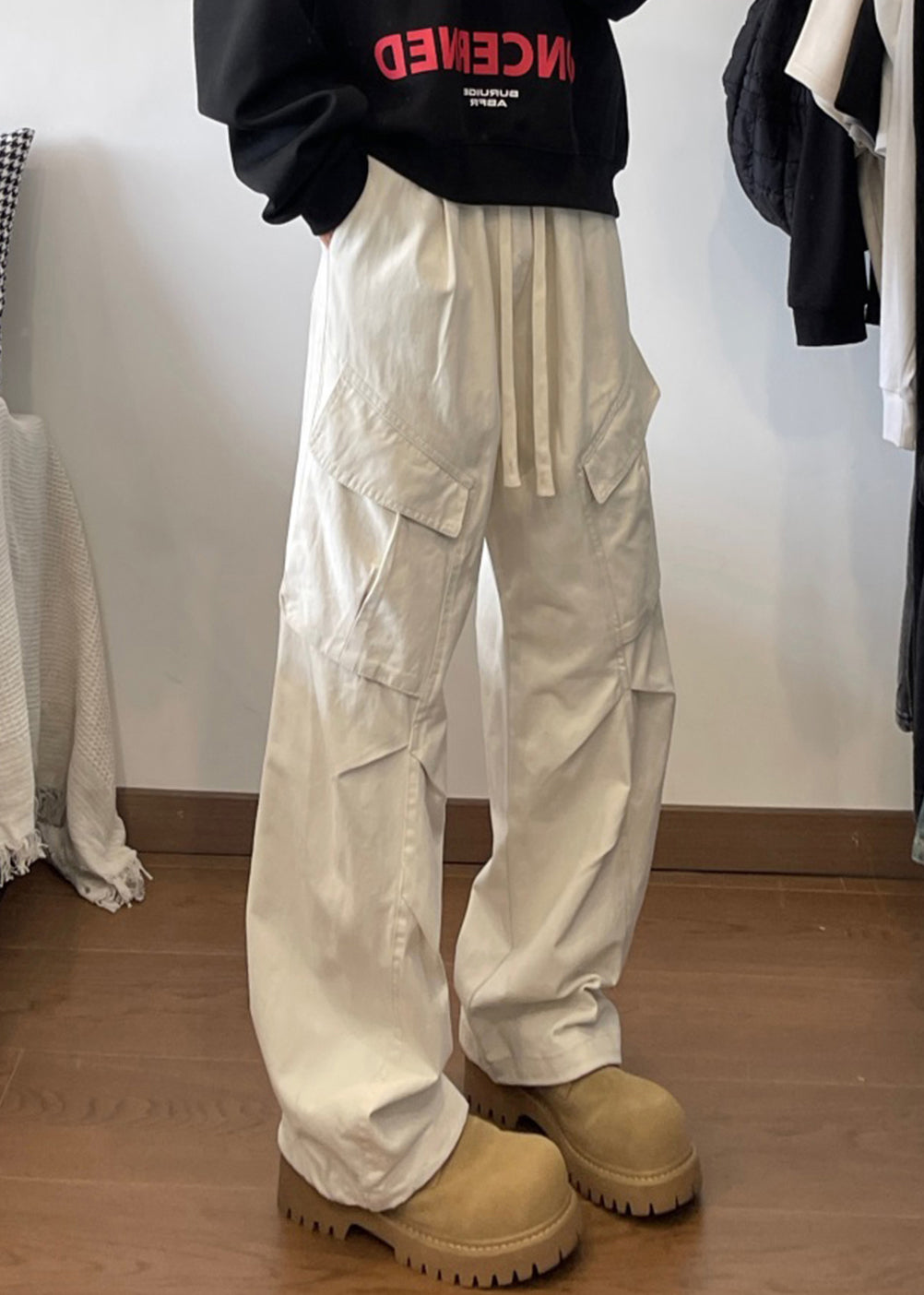 Waist Pants Men Elastic White Lace Pockets Up Cotton Simple