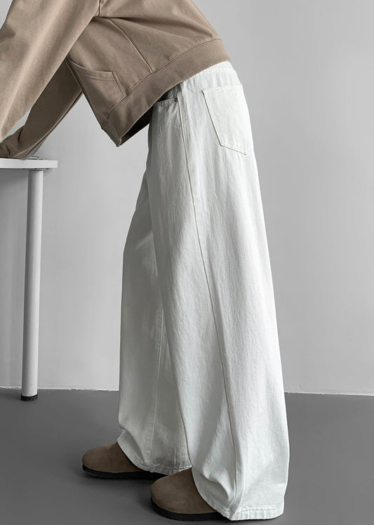 Wide Mens Leg Simple Pockets Fall Pants White Denim Solid