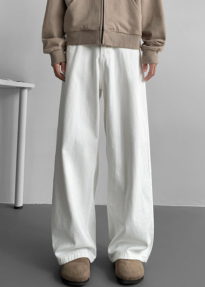 Wide Mens Leg Simple Pockets Fall Pants White Denim Solid