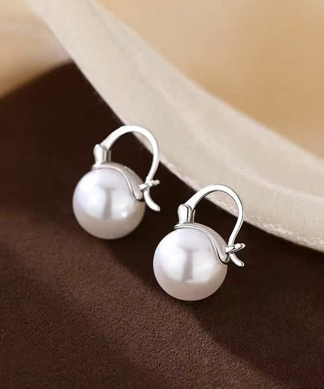 Earrings Pearl White Silver Hoop Simple Sterling