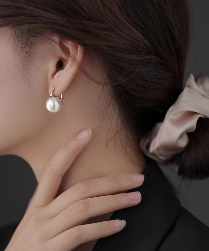 Earrings Pearl White Silver Hoop Simple Sterling