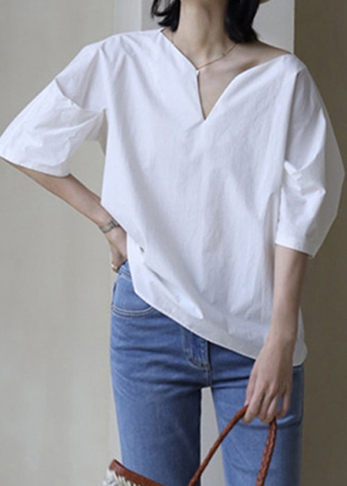 Cotton Solid Half Sleeve V Simple Shirt White Neck