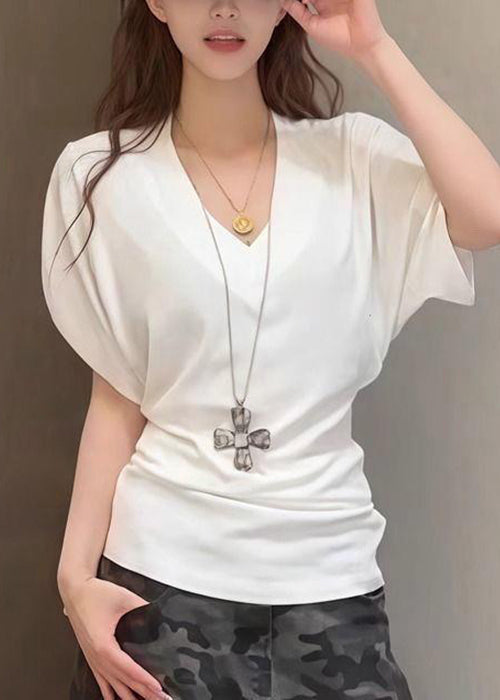 Summer T V Neck White Cotton Simple Solid Shirt