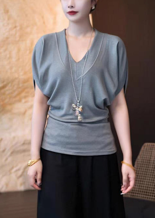 Summer T V Neck White Cotton Simple Solid Shirt