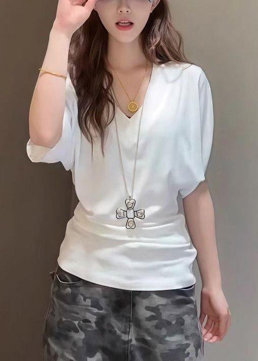 Summer T V Neck White Cotton Simple Solid Shirt