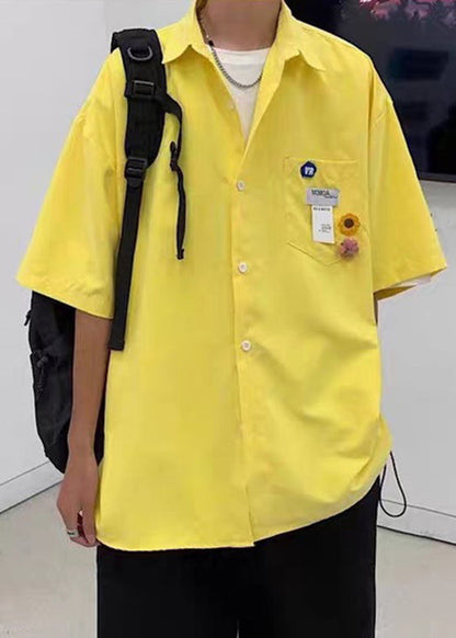 Half Cotton Men Pockets Simple Button Yellow Shirts Sleeve