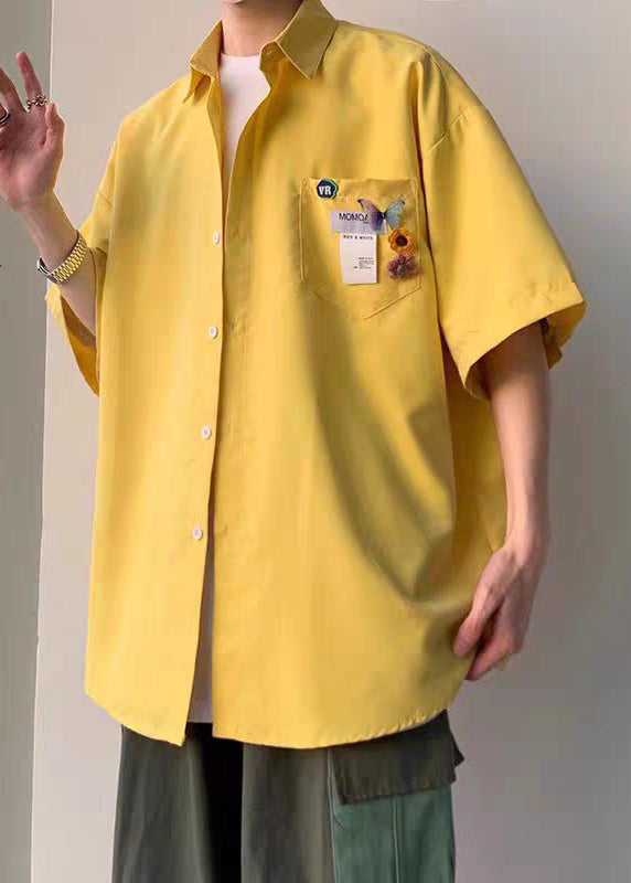 Half Cotton Men Pockets Simple Button Yellow Shirts Sleeve