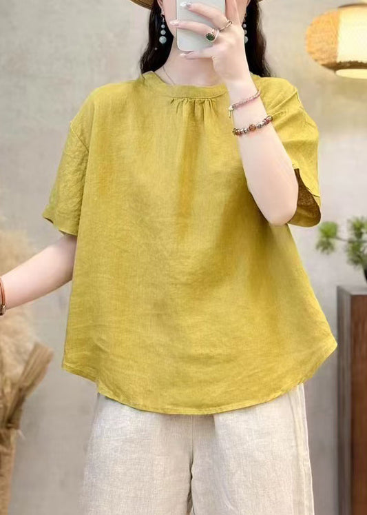 O Summer Solid Neck Cotton Yellow Simple Shirt