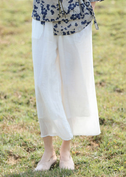 Crop Summer Yellow Elastic Pockets Simple Linen Waist Pantss