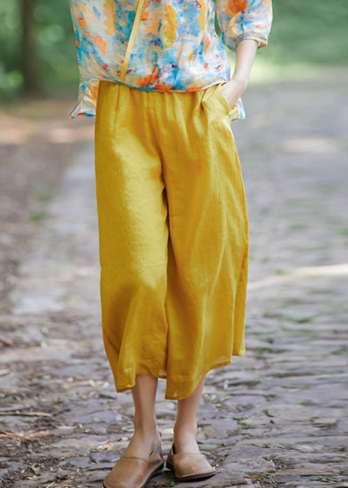 Crop Summer Yellow Elastic Pockets Simple Linen Waist Pantss