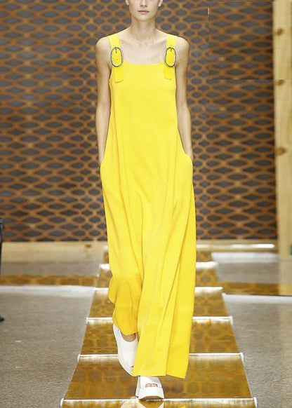 Pants Yellow Pockets Cotton Simple Sleeveless Solid Jumpsuit