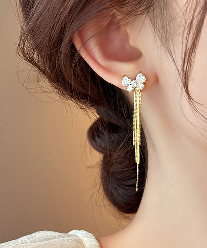 Skinny Gold Alloy Zircon Bow Tassel Drop Earrings WH041