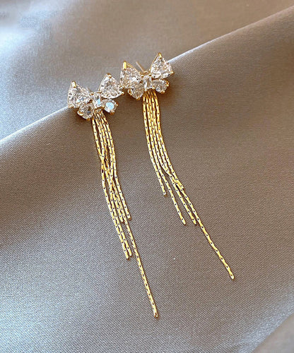 Skinny Gold Alloy Zircon Bow Tassel Drop Earrings WH041