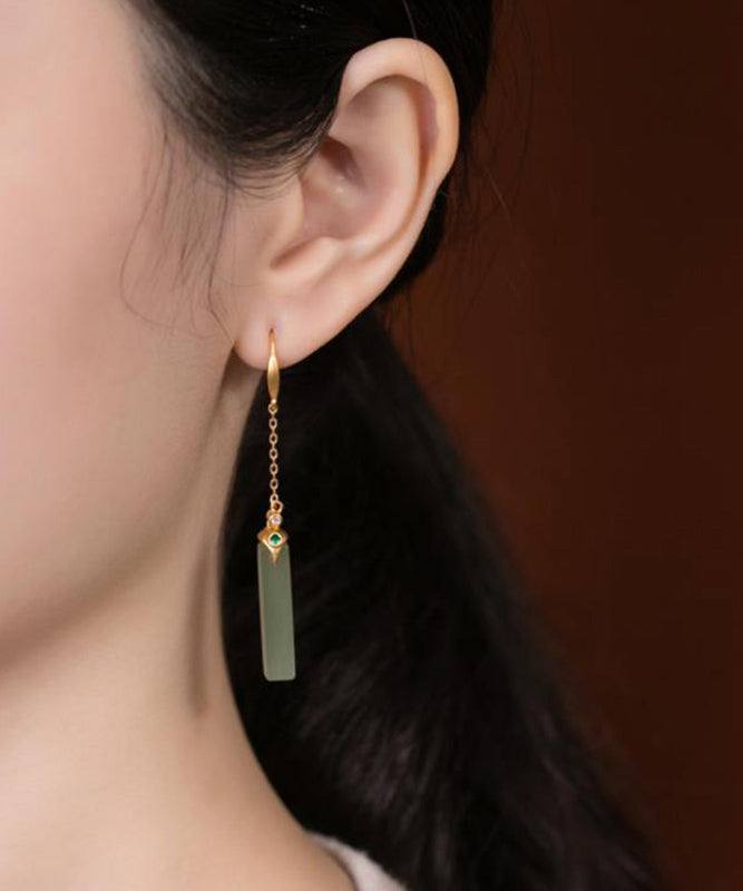 Skinny Gold Sterling Silver Overgild Jade Rectangular Drop Earrings TX050