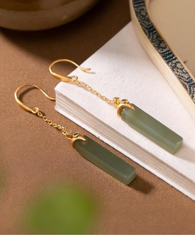 Skinny Gold Sterling Silver Overgild Jade Rectangular Drop Earrings TX050