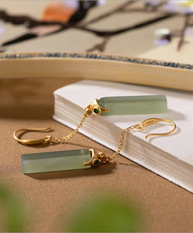 Skinny Gold Sterling Silver Overgild Jade Rectangular Drop Earrings TX050