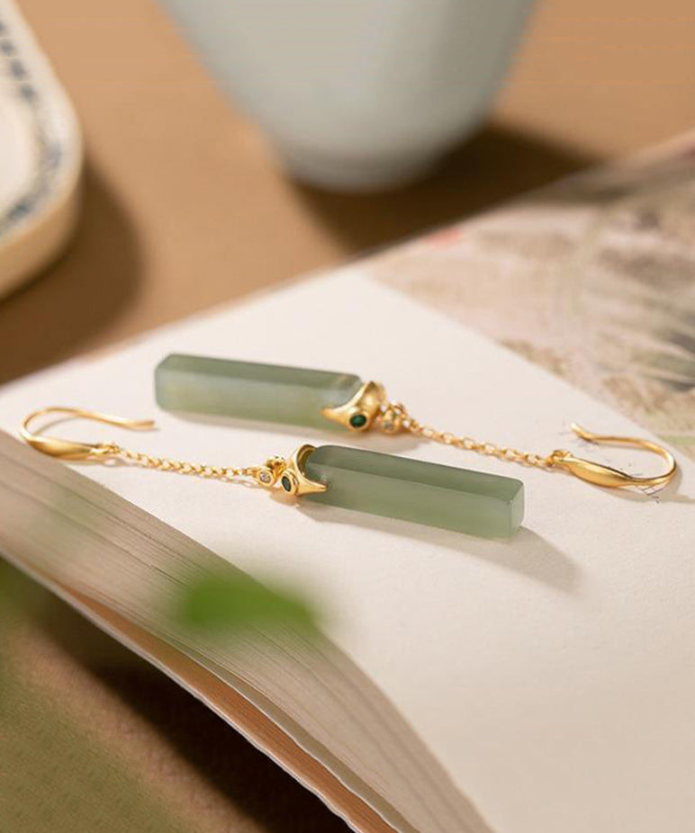 Skinny Gold Sterling Silver Overgild Jade Rectangular Drop Earrings TX050