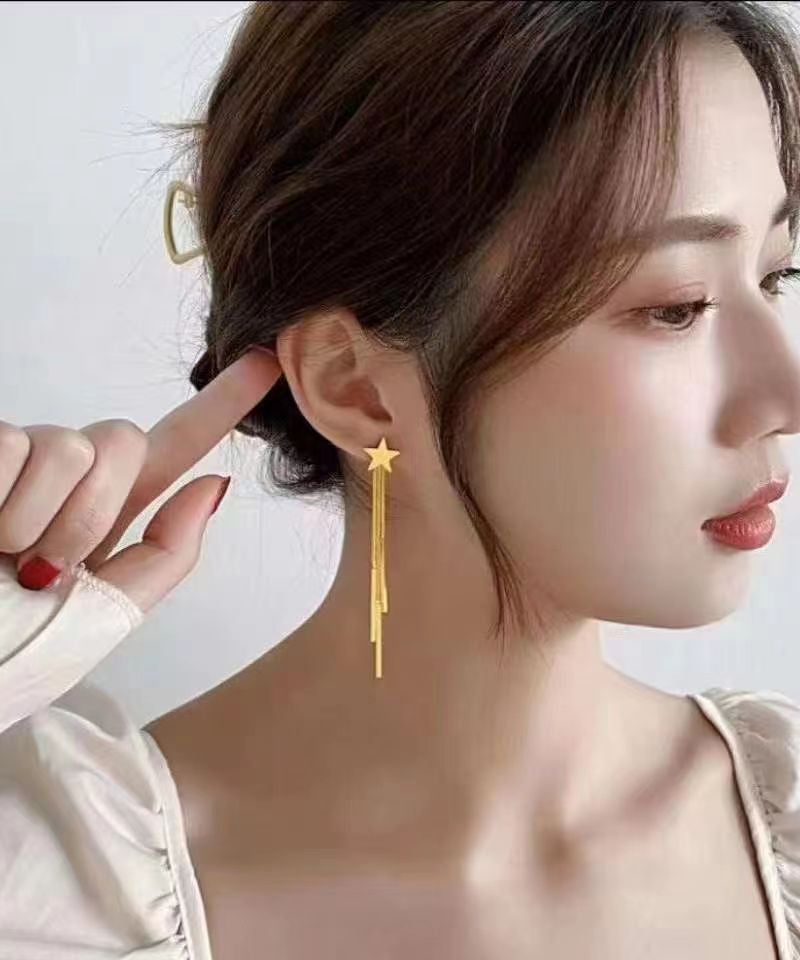 Skinny Gold Sterling Silver Overgild Star Tassel Drop Earrings DF1020