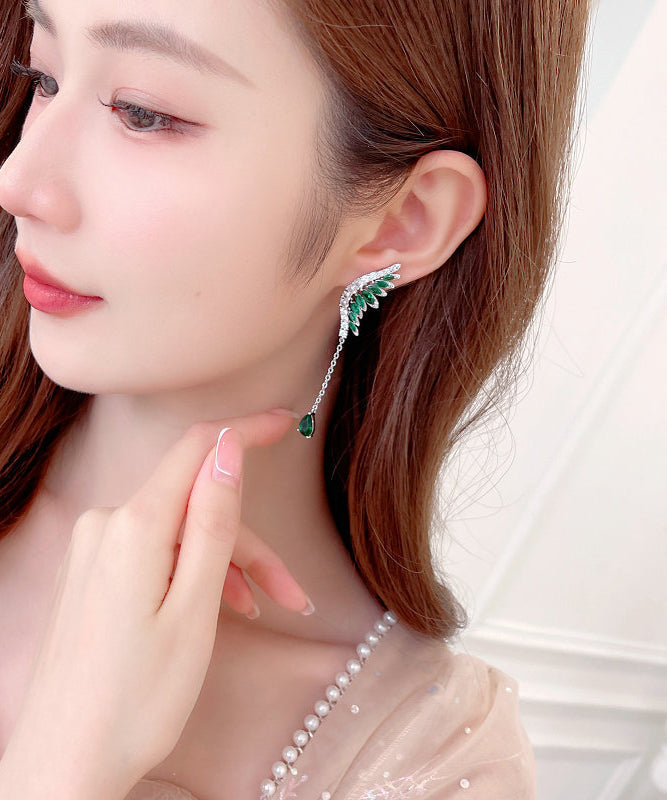 Skinny Green Copper Inlaid Zircon Crystal Wing Tassel Drop Earrings PO052