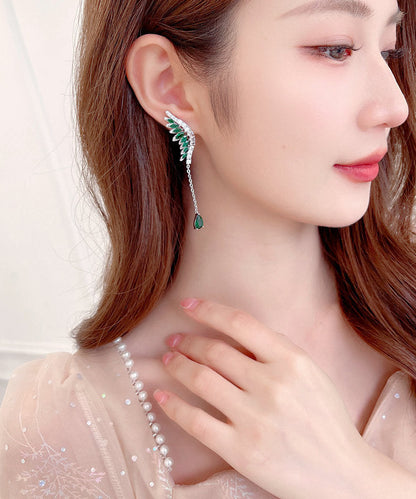 Skinny Green Copper Inlaid Zircon Crystal Wing Tassel Drop Earrings PO052