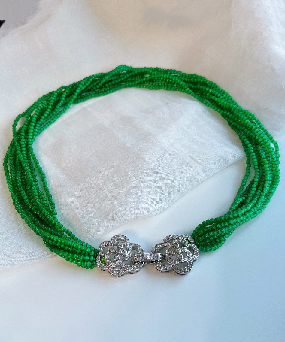 Skinny Green Stainless Steel Cat Eye Stone Multi Layer Beading Gratuated Bead Necklace YA026