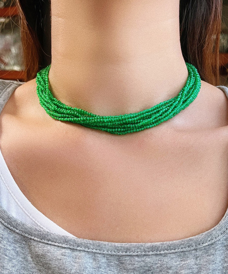 Skinny Green Stainless Steel Cat Eye Stone Multi Layer Beading Gratuated Bead Necklace YA026
