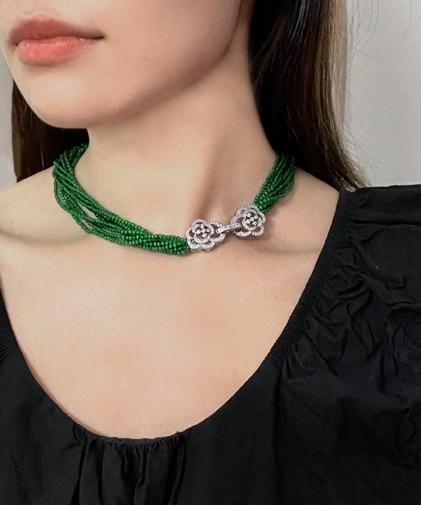 Skinny Green Stainless Steel Cat Eye Stone Multi Layer Beading Gratuated Bead Necklace YA026