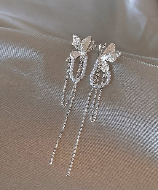 Copper Butterfly Alloy Skinny Silk Drop Pearl Earrings Tassel