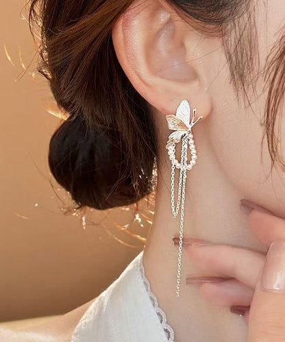 Copper Butterfly Alloy Skinny Silk Drop Pearl Earrings Tassel