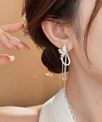Copper Butterfly Alloy Skinny Silk Drop Pearl Earrings Tassel