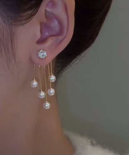 Skinny White Alloy Zircon Pearl Tassel Drop Earrings TX012