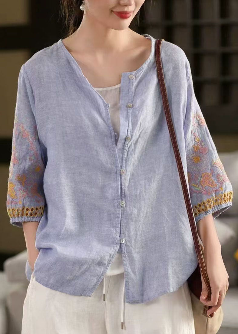 Blue Tops Sleeve Bracelet Linen Embroidered Oversized Sky