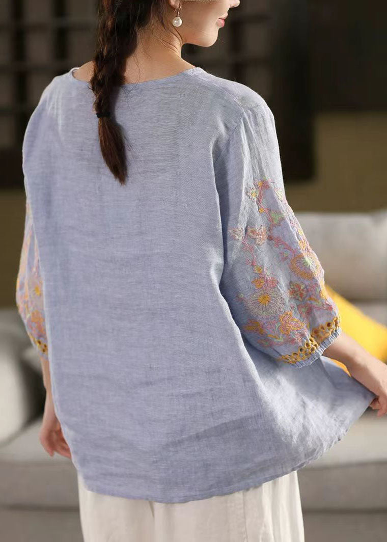 Blue Tops Sleeve Bracelet Linen Embroidered Oversized Sky