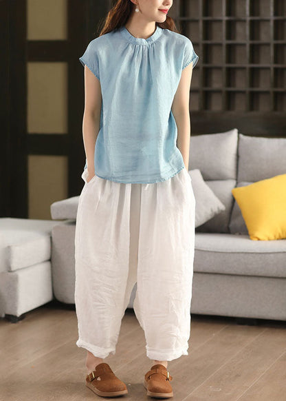 Collar Sky Stand Oversized Linen Blue Summer Tops