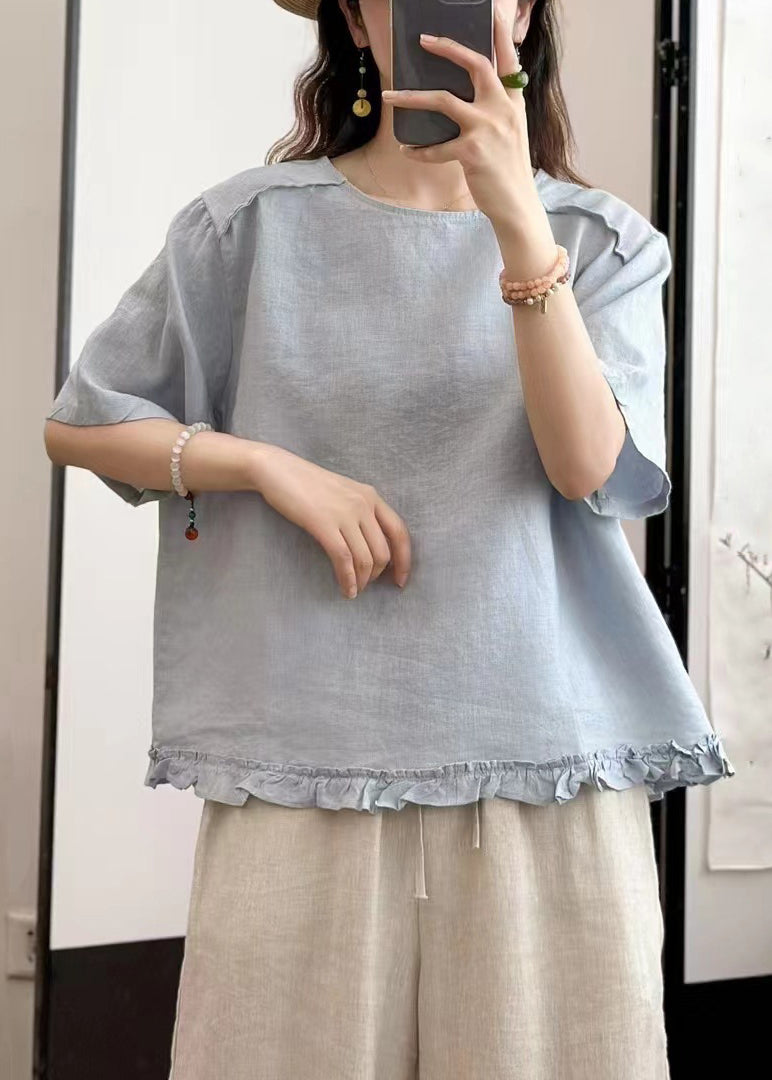 Sides Blouse Ruffled On Blue Linen Summer Wear Sky Solid Both